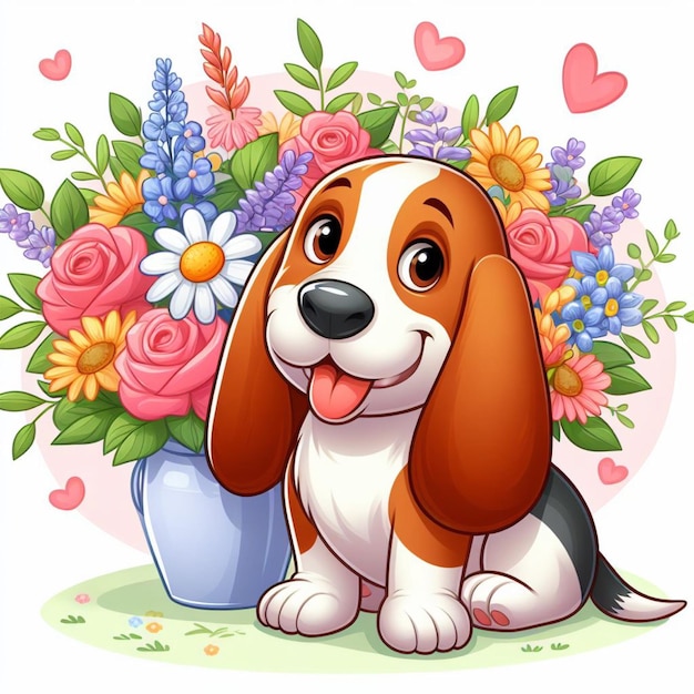 Leuke Basset Dog cartoon Vector Stijl witte achtergrond