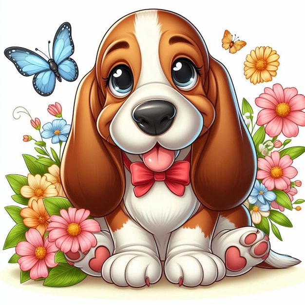 Leuke Basset Dog cartoon Vector Stijl witte achtergrond