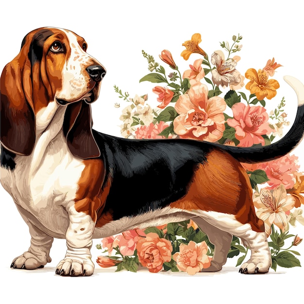 Vector leuke basset hound dog amp bloemen vector style witte achtergrond