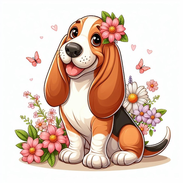 Leuke Basset Hound hond en bloemen Vector cartoon illustratie