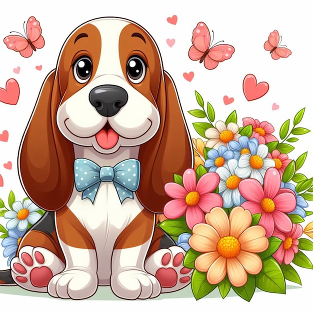 Leuke Basset Hound hond en bloemen Vector cartoon illustratie