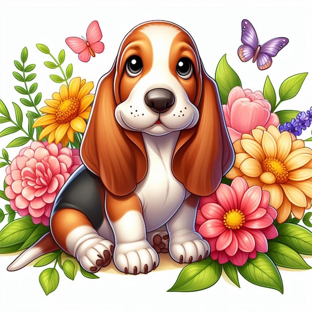 Leuke Basset Hound hond en bloemen Vector cartoon illustratie