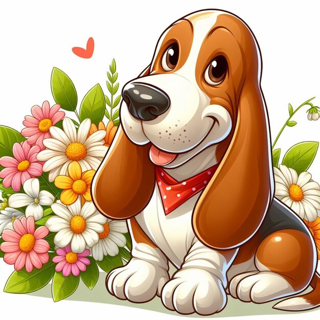 Leuke Basset Hound hond en bloemen Vector cartoon illustratie