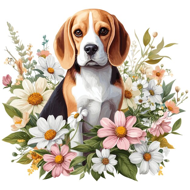 Leuke Beagle hond amp bloemen Vector stijl Witte achtergrond