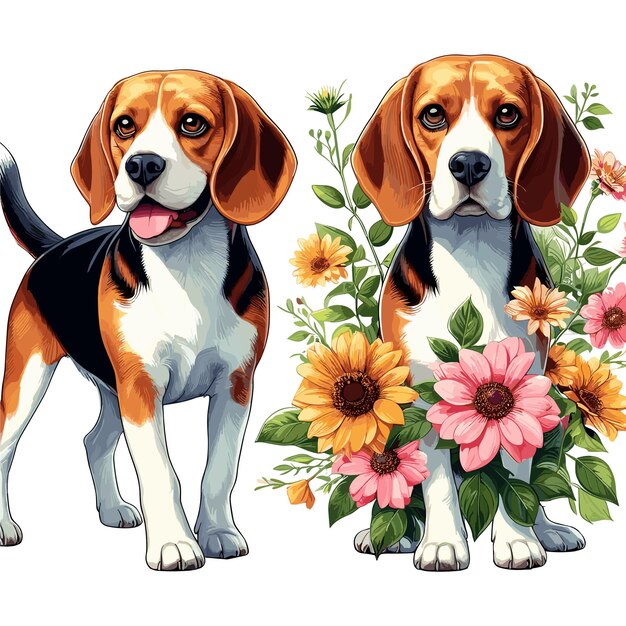 Leuke Beagle hond amp bloemen Vector stijl