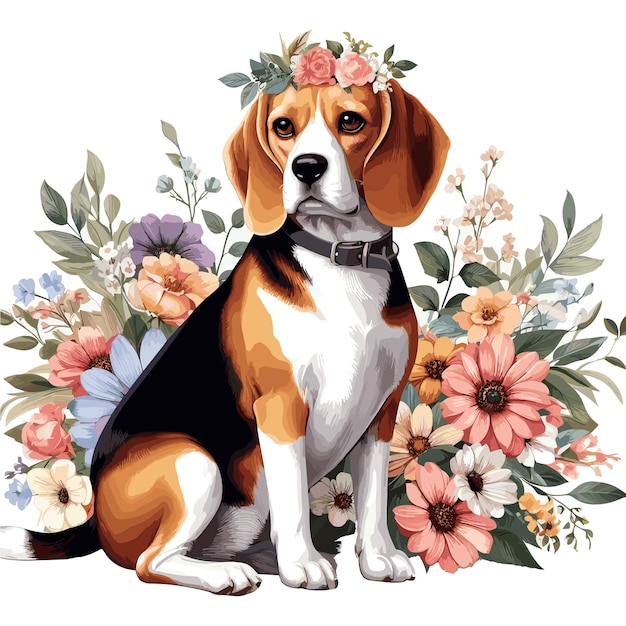 Leuke Beagle hond amp bloemen Vector stijl