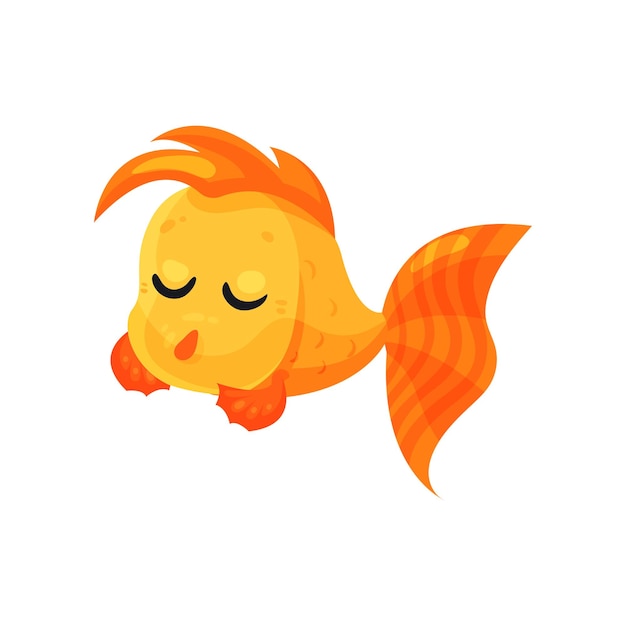 Leuke bedachtzame goudvis met gesloten ogen grappige vis cartoon personage vector Illustratie geïsoleerd op een witte achtergrond