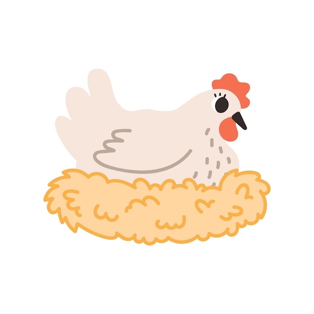 Leuke beige kip met nest geïsoleerd op een witte achtergrond. Cartoon vectorillustratie.