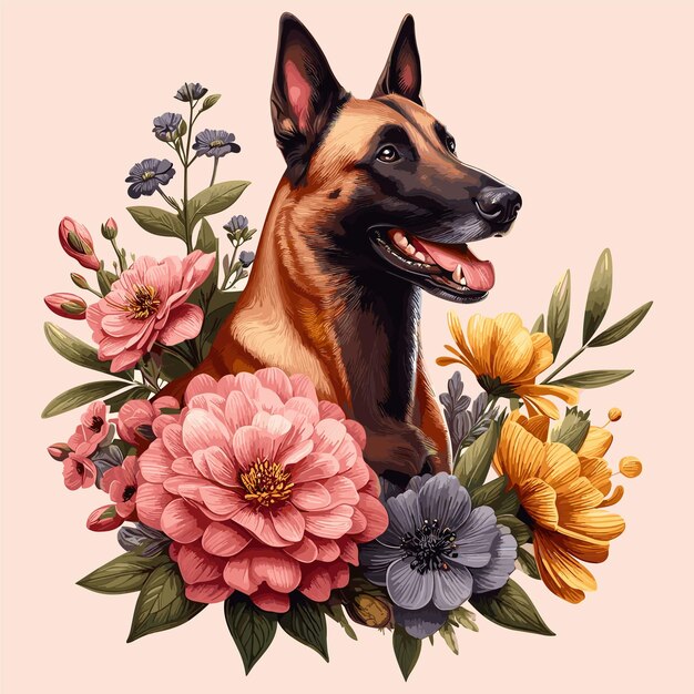 Leuke belgische malinois hond amp bloemen vector stijl