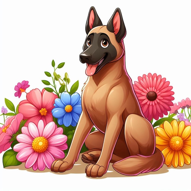 Leuke Belgische Malinois Hond en Bloemen Vector Cartoon illustratie