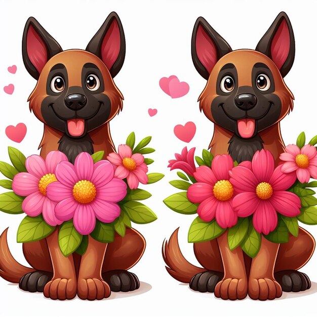 Leuke Belgische Malinois Hond en Bloemen Vector Cartoon illustratie