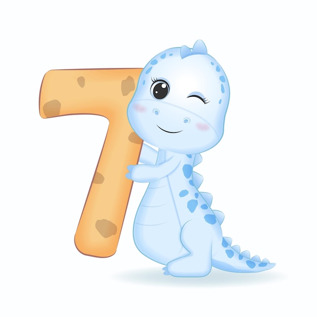 Leuke blauwe dinosaurus met nummer 7 cartoon illustratie