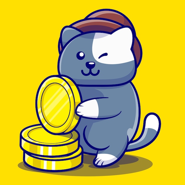 Leuke blauwe kat mascotte met stapel gouden munt, geschikt voor inhoud of infographic over geld