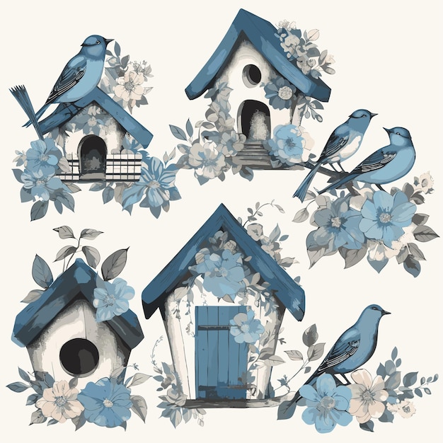 Vector leuke blauwe vogels zetten kleine kleurrijke vogels geïsoleerd op een witte achtergrond
