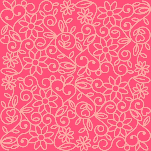 Vector leuke bloemen en harten tracery roze patroon naadloze achtergrond