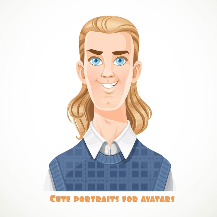 Vector leuke blonde blauwogige jonge mannen in blauw casual pullover portret voor avatar geïsoleerd op een witte achtergrond