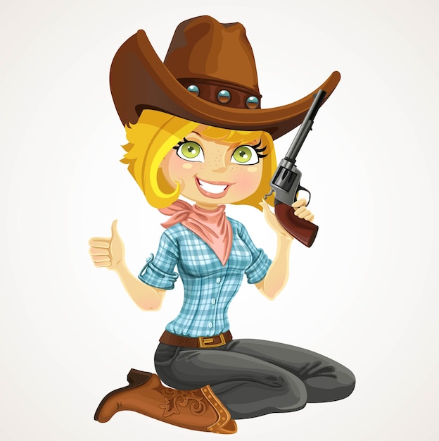 Vector leuke blonde cowgirl met revolver zit op de vloer