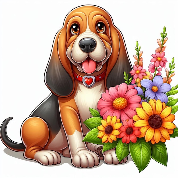 Leuke Bloodhound hond en bloemen Vector cartoon illustratie