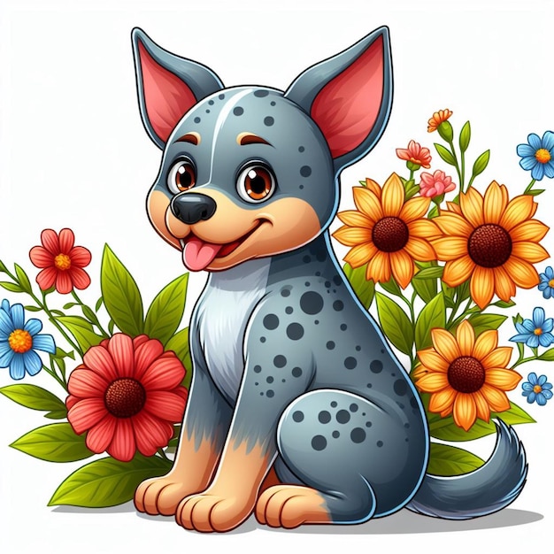 Leuke Blue Heeler Dog en Bloemen Vector cartoon illustratie