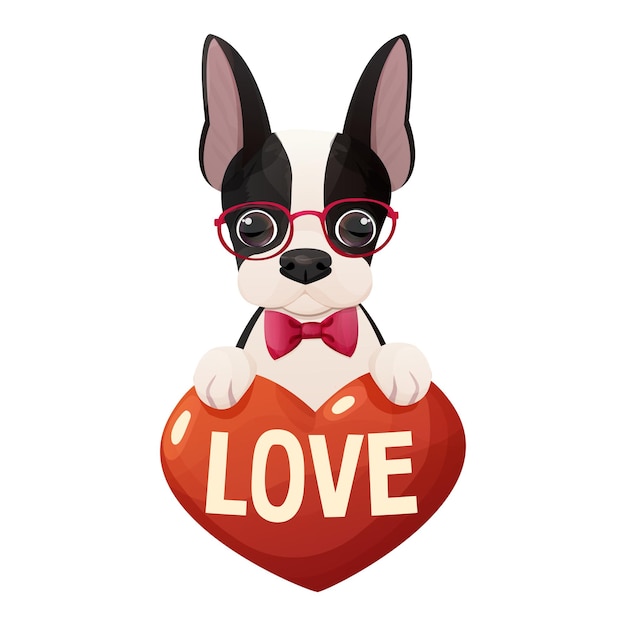 Leuke boston terrier-hond met hart, tekst Love, schattig huisdier in cartoonstijl