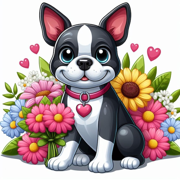 Vector leuke boston terrier honden en flower vector cartoon illustratie