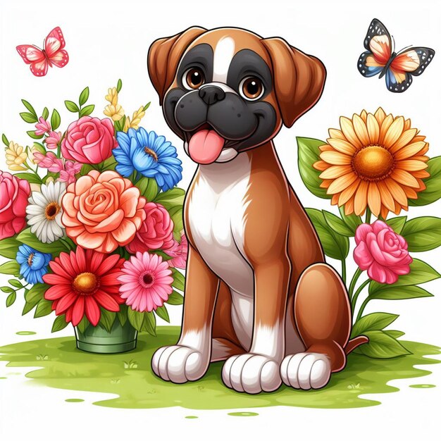 Vector leuke boxer hond en bloemen vector cartoon illustratie