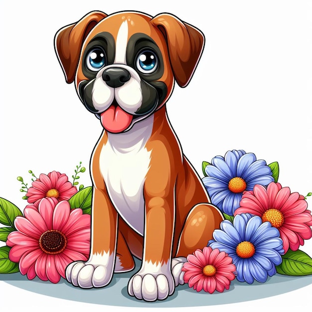 Leuke Boxer Hond en Bloemen Vector Cartoon illustratie