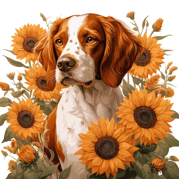 Leuke Brittany Spaniel hond amp bloemen cartoon Vector Style witte achtergrond