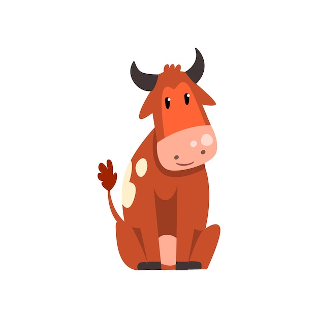 Leuke bruine gevlekte koe die op de grond zit grappig boerderijdier cartoon personage vector illustratie geïsoleerd op een witte achtergrond