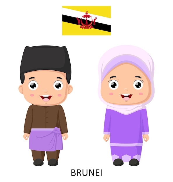 Vector leuke brunei jongen en meisje in nationale kleding