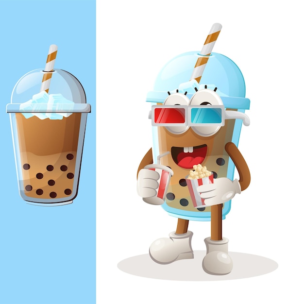 Leuke bubble tea-mascotte die film kijkt met frisdrank en popcorn