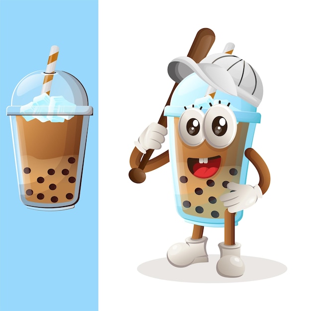 Leuke bubble tea-mascotte die honkbal speelt