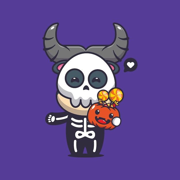 Leuke buffel die met skeletkostuum Halloween-pompoen houdt. Leuke halloween-beeldverhaalillustratie.