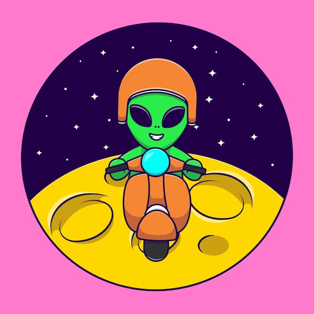 Leuke buitenaardse scooter rijden op maan cartoon vector iconen illustratie