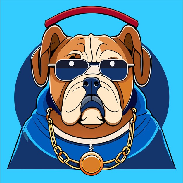 Vector leuke bulldog met koptelefoon met de hand getekende platte stijlvolle cartoon sticker icoon concept