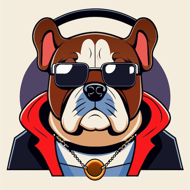 Vector leuke bulldog met koptelefoon met de hand getekende platte stijlvolle cartoon sticker icoon concept