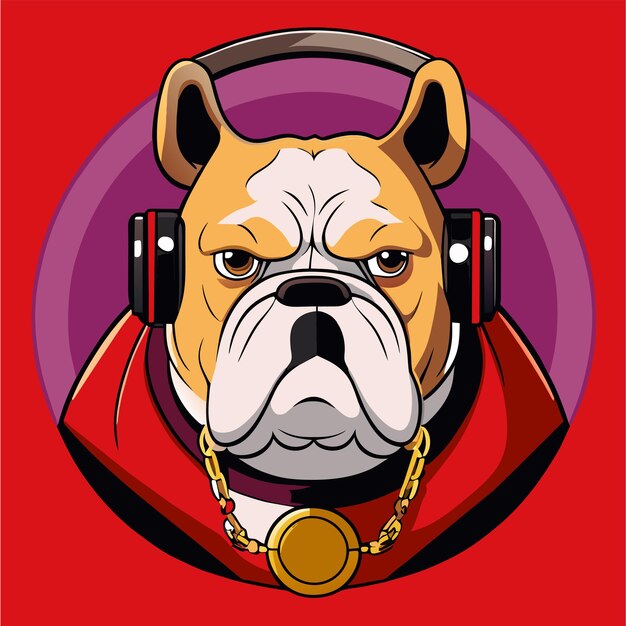 Vector leuke bulldog met koptelefoon met de hand getekende platte stijlvolle cartoon sticker icoon concept