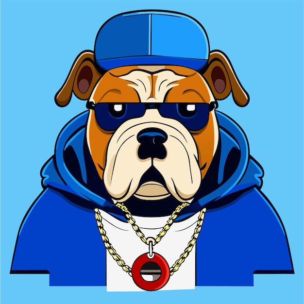 Vector leuke bulldog met koptelefoon met de hand getekende platte stijlvolle cartoon sticker icoon concept