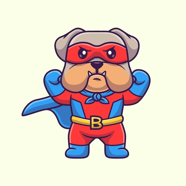 Leuke Bulldog Super held Cartoon vectorillustratie pictogram. Dierlijke vakantie pictogram concept geïsoleerd plat