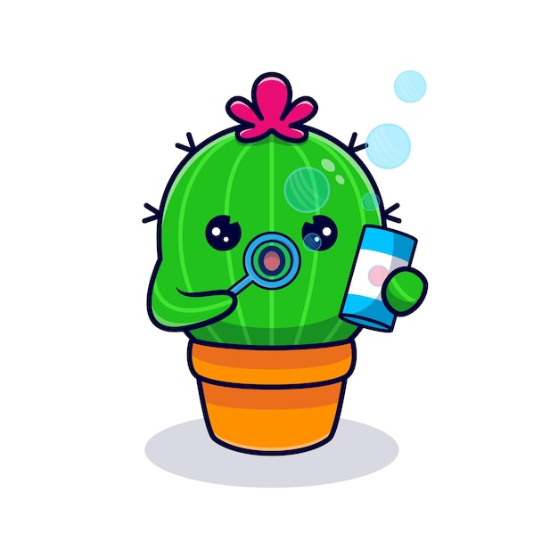 Leuke cactus blowing bubble. platte cartoon