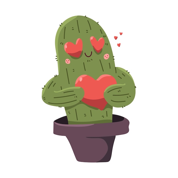 Leuke cactus in pot met rood hart vector stripfiguur geïsoleerd op een witte achtergrond