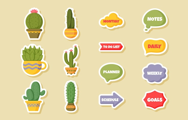 Vector leuke cactus journal sticker collectie