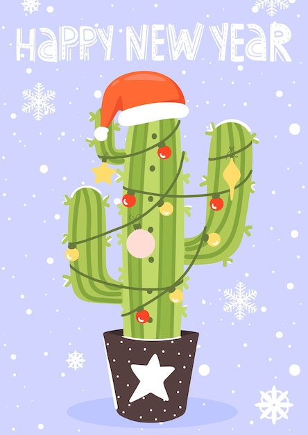 Vector leuke cactus met gloeilamp en kerstman hoed