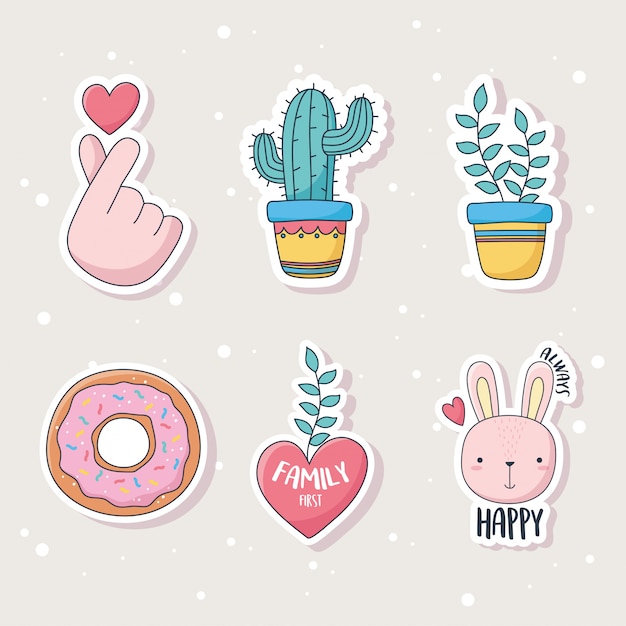 Vector leuke cactusplant konijn donut en hart spullen voor kaarten stickers of patches decoratie cartoon