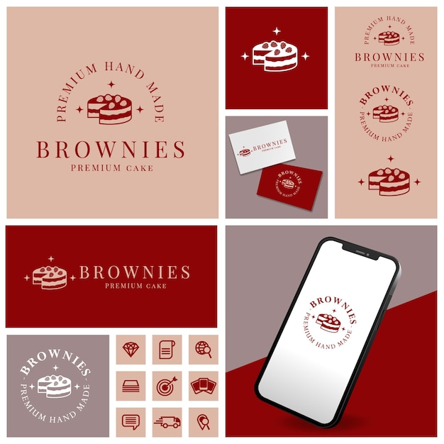 Leuke cake brownies logo met pictogram en patroon set