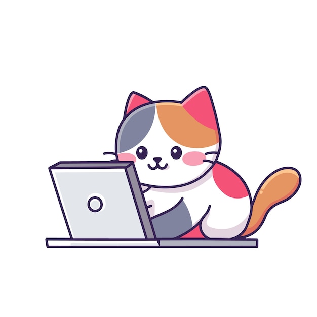 Leuke calico kat cartoon met behulp van laptop technologie thema digitaal onderwijs concept illustratie