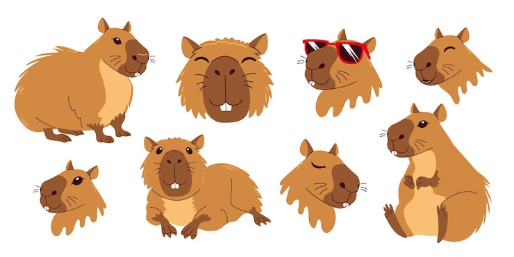 Vector leuke capybara set verschillende houdingen en uitdrukkingen witte achtergrond grappige platte dierencollectie