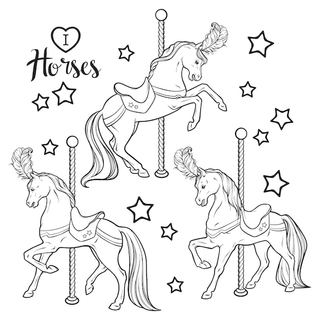 Leuke carrouselpaarden en sterren instellen geïsoleerde vectorillustratie boek kleurplaten voor volwassenen en kinderen