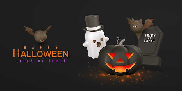 Leuke cartoon 3d Halloween banner Halloween pompoen spook grafsteen vleermuis Halloween concept Vector illustratie