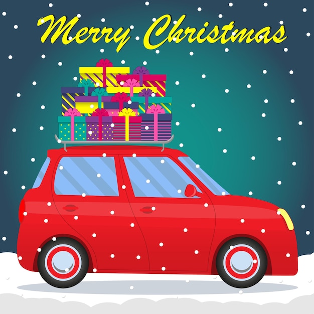 Leuke cartoon auto heeft veel cadeaus voor kerstmis en oudejaarsavond vrolijk kerstfeest
